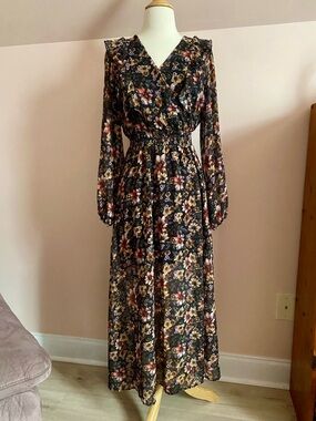 Women's Black Floral Maxi Dress with Smocked Waist and